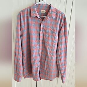 Faherty Men's Cotton Linen Blend Button Down Long Sleeve Blue and Coral Shirt Lg